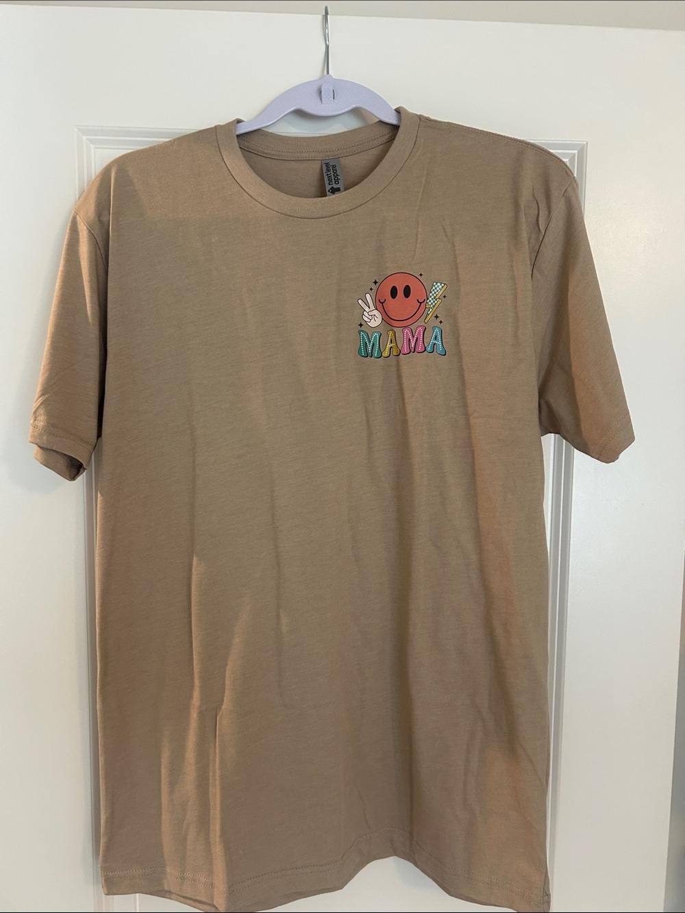 Tan Short-Sleeve Graphic Tee with Colorful 'MAMA' Emblem